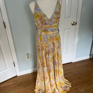 Laundry By Shelli Segal Yellow Pleated Tie Front Maxi Dress